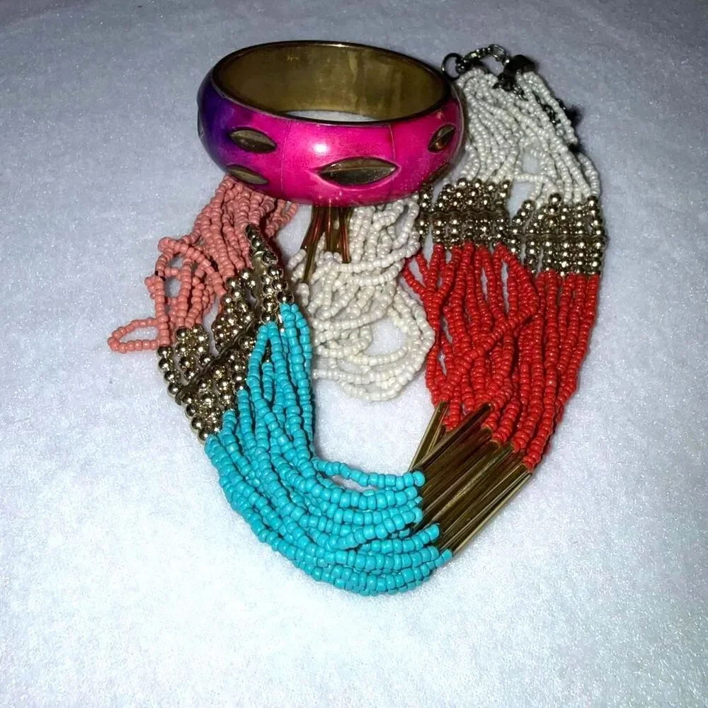 Vibrant multi-colored beaded necklace and bracelet bundle